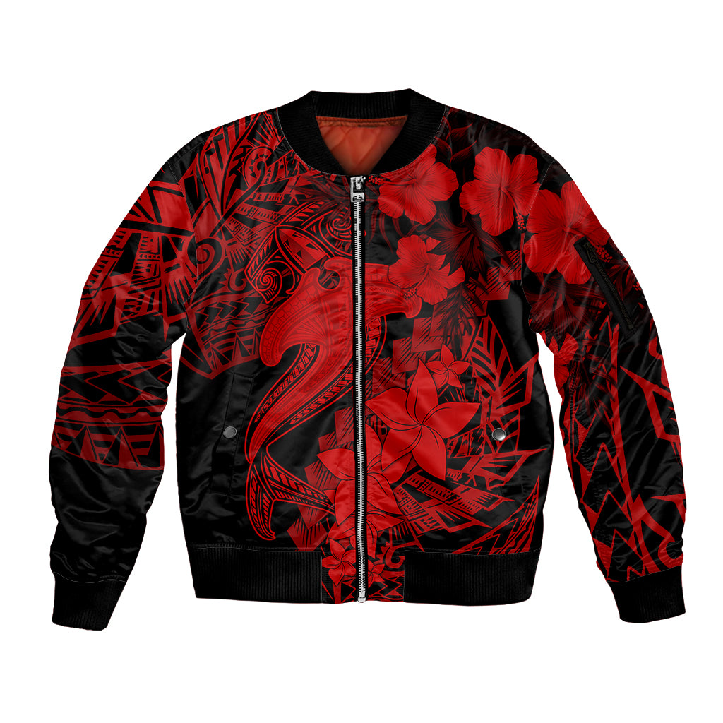 Aloha Hawaii Sleeve Zip Bomber Jacket Hammerhead Shark Tattoo Polynesian Summer - Red - Wonder Print Shop