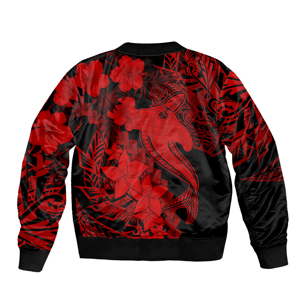 Aloha Hawaii Sleeve Zip Bomber Jacket Hammerhead Shark Tattoo Polynesian Summer - Red - Wonder Print Shop