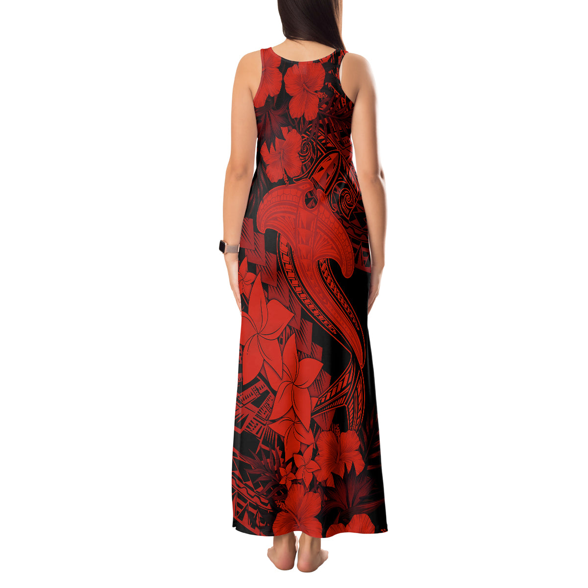 Aloha Hawaii Tank Maxi Dress Hammerhead Shark Tattoo Polynesian Summer - Red - Wonder Print Shop