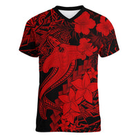 Aloha Hawaii Women V Neck T Shirt Hammerhead Shark Tattoo Polynesian Summer - Red - Wonder Print Shop