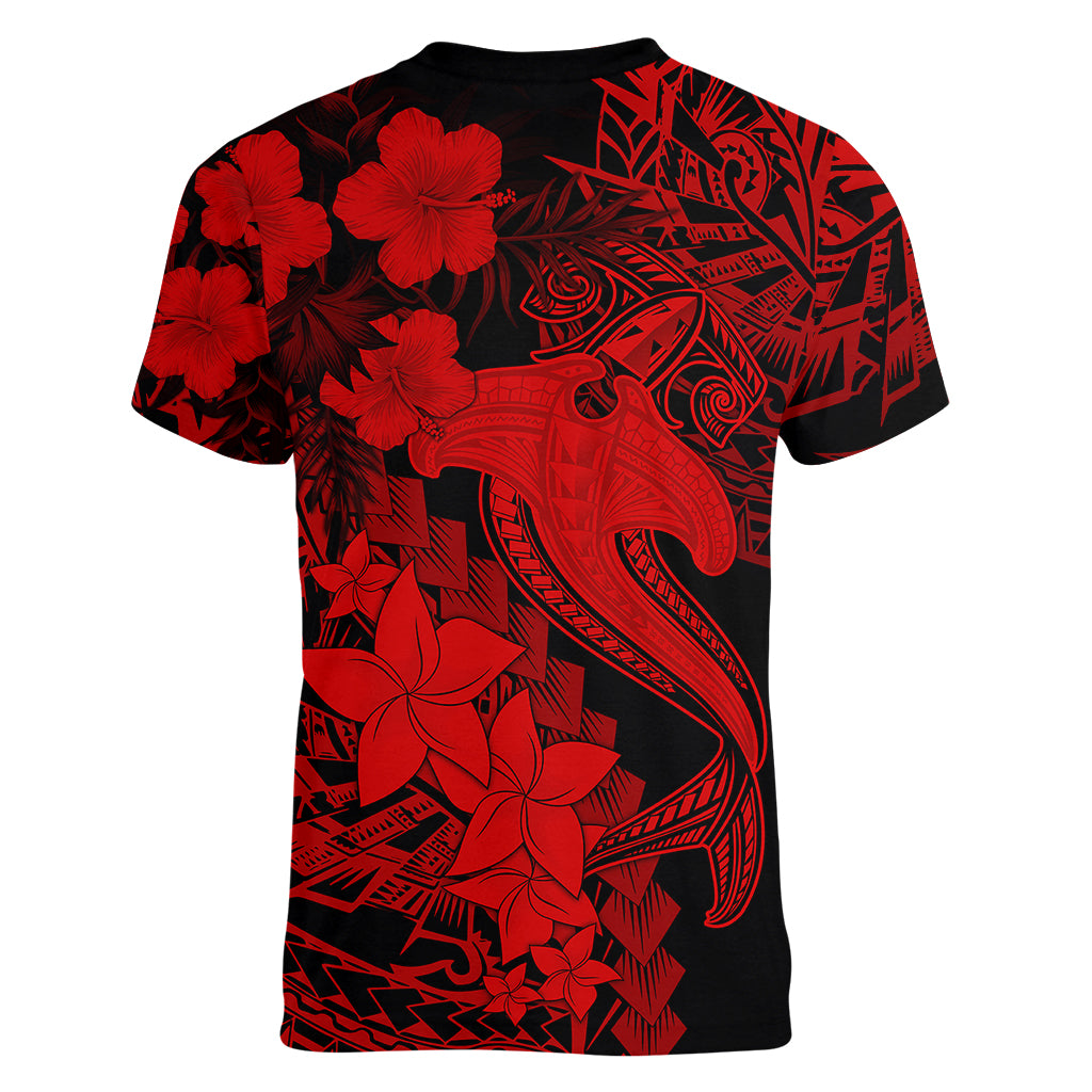 Aloha Hawaii Women V Neck T Shirt Hammerhead Shark Tattoo Polynesian Summer - Red - Wonder Print Shop