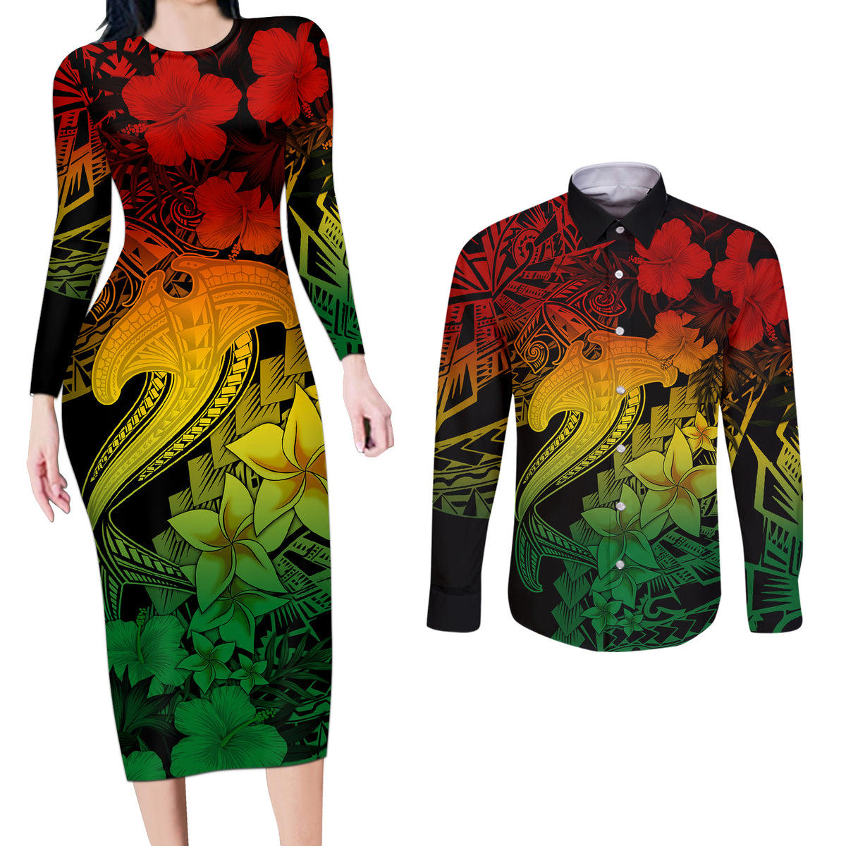 Aloha Hawaii Couples Matching Long Sleeve Bodycon Dress and Long Sleeve Button Shirts Hammerhead Shark Tattoo Polynesian Summer - Reggae LT9 - Wonder Print Shop
