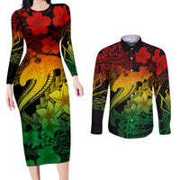 Aloha Hawaii Couples Matching Long Sleeve Bodycon Dress and Long Sleeve Button Shirts Hammerhead Shark Tattoo Polynesian Summer - Reggae LT9 - Wonder Print Shop