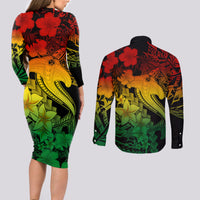 Aloha Hawaii Couples Matching Long Sleeve Bodycon Dress and Long Sleeve Button Shirts Hammerhead Shark Tattoo Polynesian Summer - Reggae LT9 - Wonder Print Shop
