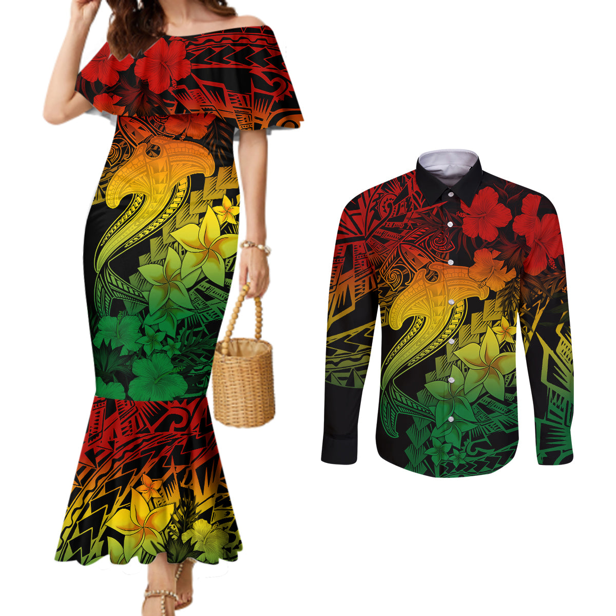 aloha-hawaii-couples-matching-mermaid-dress-and-long-sleeve-button-shirts-hammerhead-shark-tattoo-polynesian-summer-reggae