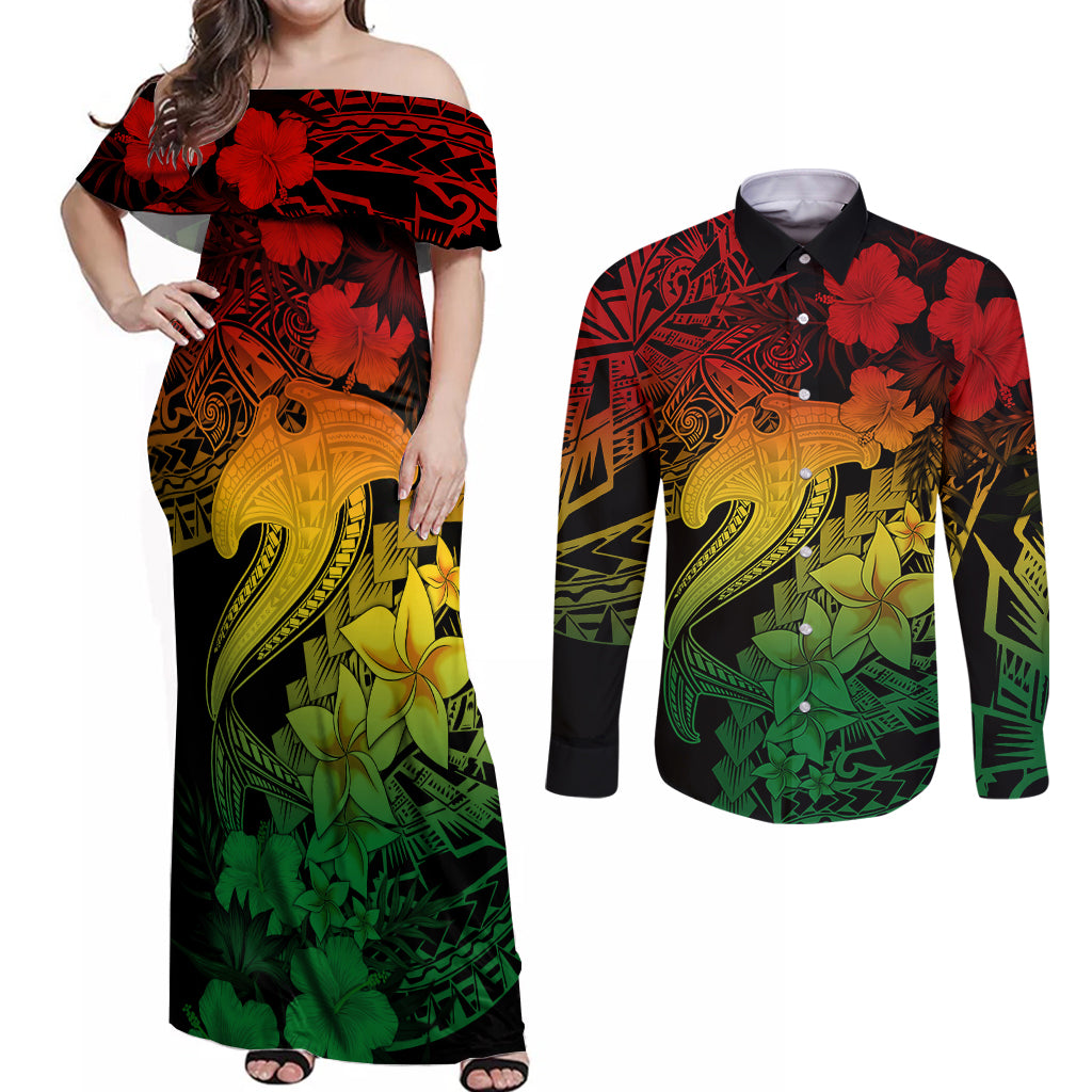 Aloha Hawaii Couples Matching Off Shoulder Maxi Dress and Long Sleeve Button Shirts Hammerhead Shark Tattoo Polynesian Summer - Reggae LT9 - Wonder Print Shop