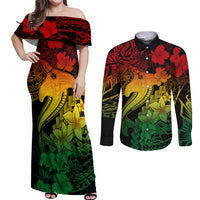 Aloha Hawaii Couples Matching Off Shoulder Maxi Dress and Long Sleeve Button Shirts Hammerhead Shark Tattoo Polynesian Summer - Reggae LT9 - Wonder Print Shop