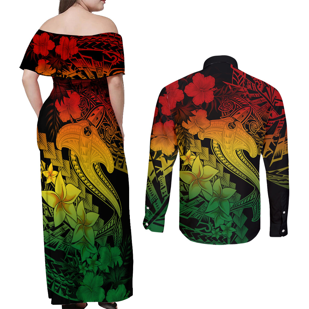 Aloha Hawaii Couples Matching Off Shoulder Maxi Dress and Long Sleeve Button Shirts Hammerhead Shark Tattoo Polynesian Summer - Reggae LT9 - Wonder Print Shop