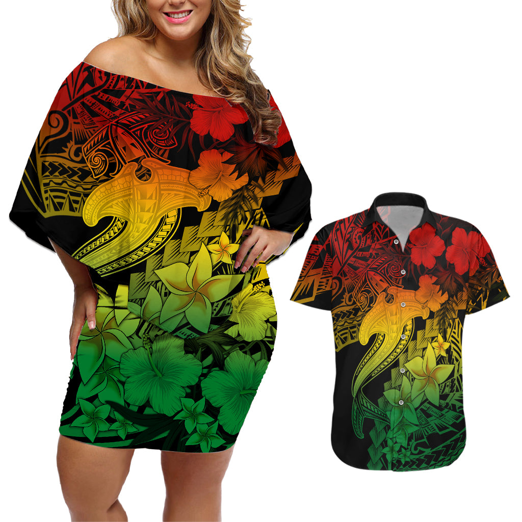 Aloha Hawaii Couples Matching Off Shoulder Short Dress and Hawaiian Shirt Hammerhead Shark Tattoo Polynesian Summer - Reggae LT9 - Wonder Print Shop