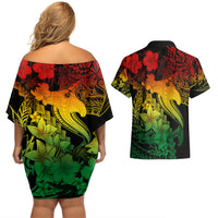 Aloha Hawaii Couples Matching Off Shoulder Short Dress and Hawaiian Shirt Hammerhead Shark Tattoo Polynesian Summer - Reggae LT9 - Wonder Print Shop