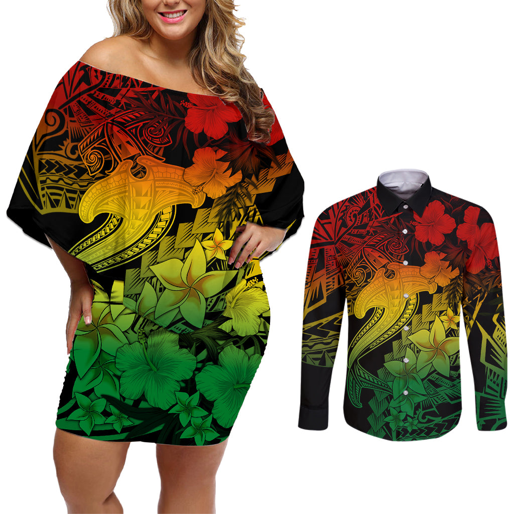 Aloha Hawaii Couples Matching Off Shoulder Short Dress and Long Sleeve Button Shirts Hammerhead Shark Tattoo Polynesian Summer - Reggae LT9 - Wonder Print Shop