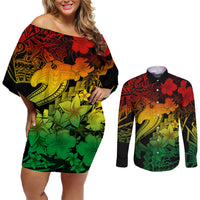 Aloha Hawaii Couples Matching Off Shoulder Short Dress and Long Sleeve Button Shirts Hammerhead Shark Tattoo Polynesian Summer - Reggae LT9 - Wonder Print Shop