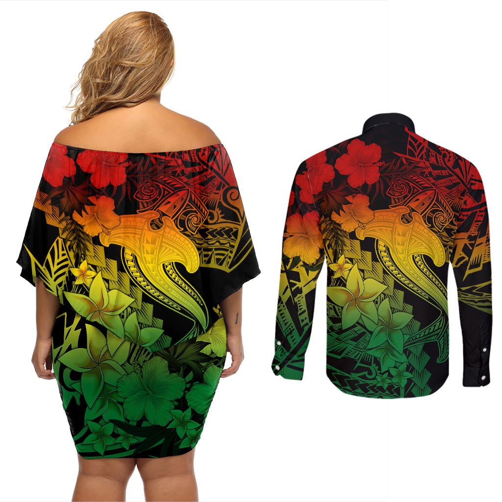 Aloha Hawaii Couples Matching Off Shoulder Short Dress and Long Sleeve Button Shirts Hammerhead Shark Tattoo Polynesian Summer - Reggae LT9 - Wonder Print Shop