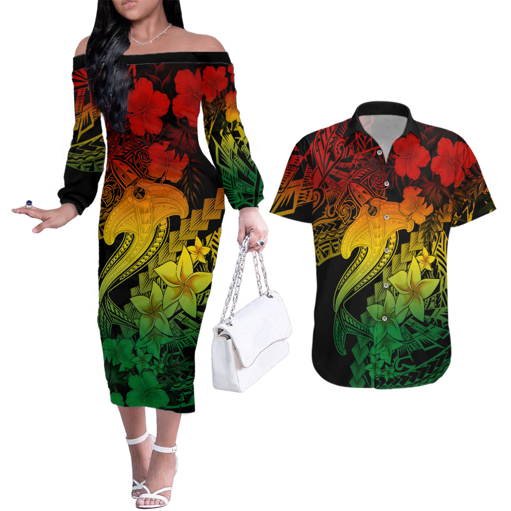 Aloha Hawaii Couples Matching Off The Shoulder Long Sleeve Dress and Hawaiian Shirt Hammerhead Shark Tattoo Polynesian Summer - Reggae LT9 - Wonder Print Shop
