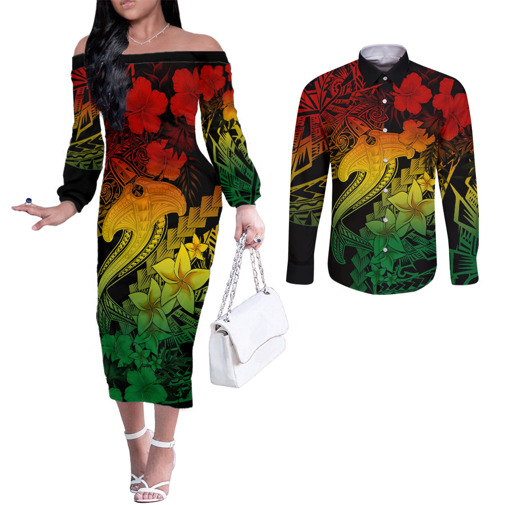aloha-hawaii-couples-matching-off-the-shoulder-long-sleeve-dress-and-long-sleeve-button-shirts-hammerhead-shark-tattoo-polynesian-summer-reggae