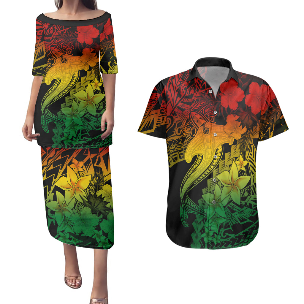 Aloha Hawaii Couples Matching Puletasi Dress and Hawaiian Shirt Hammerhead Shark Tattoo Polynesian Summer - Reggae LT9 - Wonder Print Shop