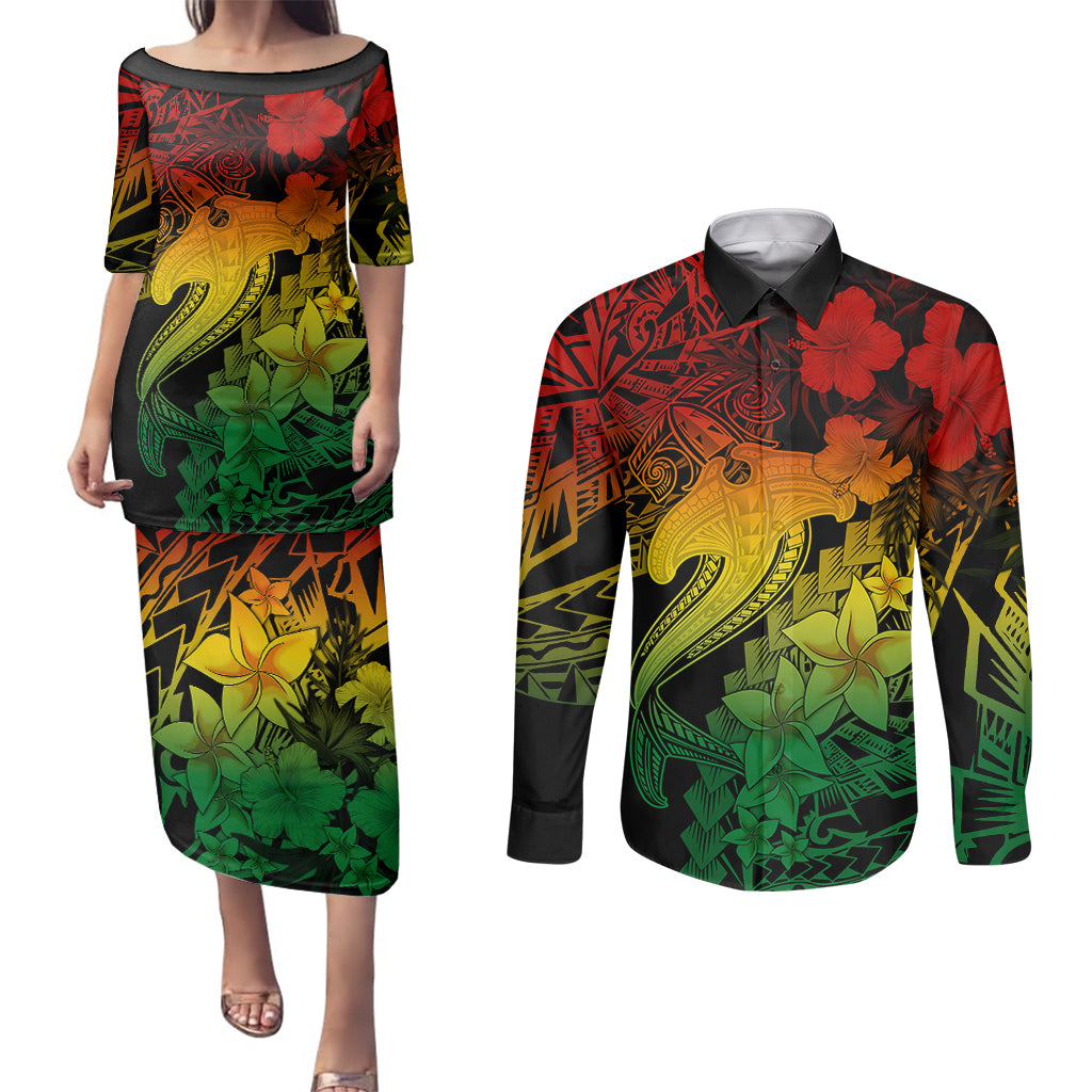 Aloha Hawaii Couples Matching Puletasi Dress and Long Sleeve Button Shirts Hammerhead Shark Tattoo Polynesian Summer - Reggae LT9 - Wonder Print Shop