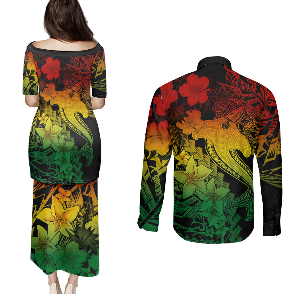 Aloha Hawaii Couples Matching Puletasi Dress and Long Sleeve Button Shirts Hammerhead Shark Tattoo Polynesian Summer - Reggae LT9 - Wonder Print Shop