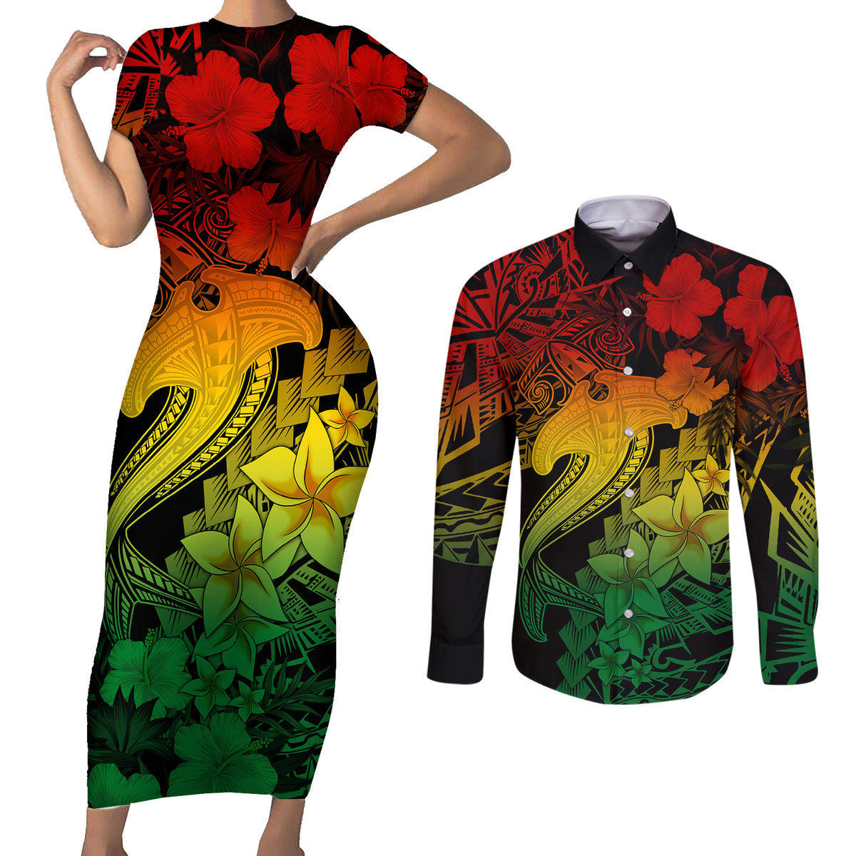 Aloha Hawaii Couples Matching Short Sleeve Bodycon Dress and Long Sleeve Button Shirts Hammerhead Shark Tattoo Polynesian Summer - Reggae LT9 - Wonder Print Shop