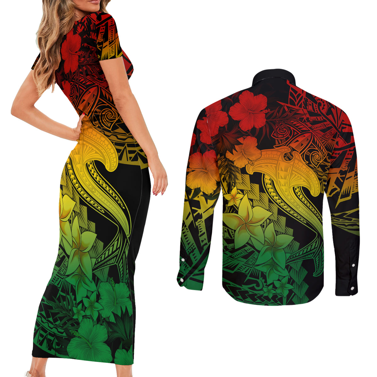 Aloha Hawaii Couples Matching Short Sleeve Bodycon Dress and Long Sleeve Button Shirts Hammerhead Shark Tattoo Polynesian Summer - Reggae LT9 - Wonder Print Shop