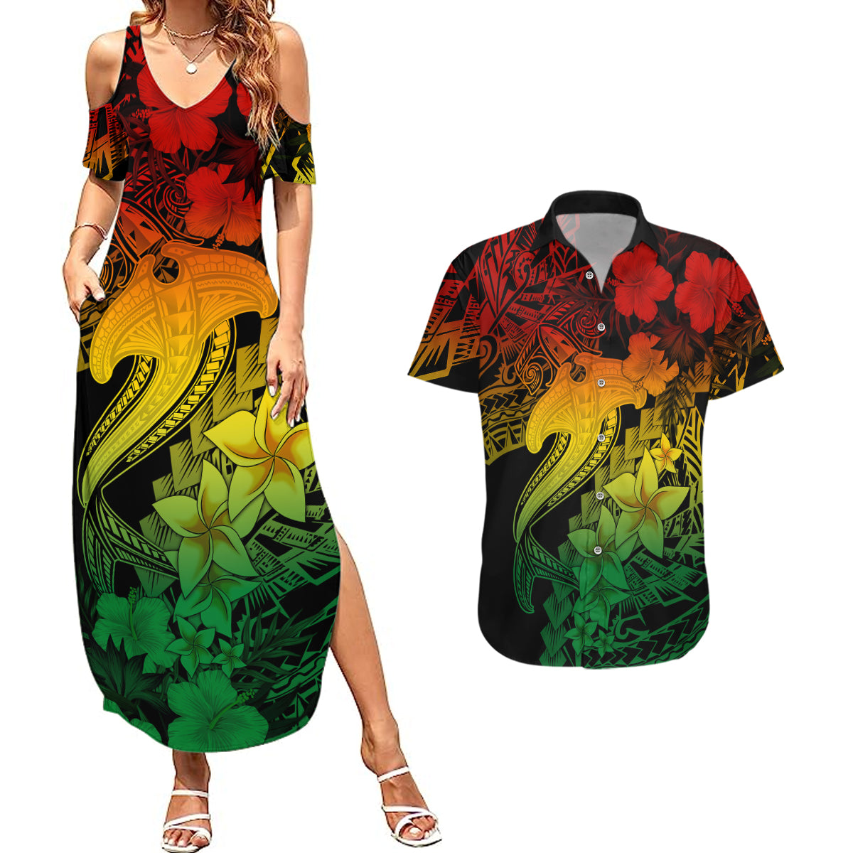 Aloha Hawaii Couples Matching Summer Maxi Dress and Hawaiian Shirt Hammerhead Shark Tattoo Polynesian Summer - Reggae LT9 - Wonder Print Shop