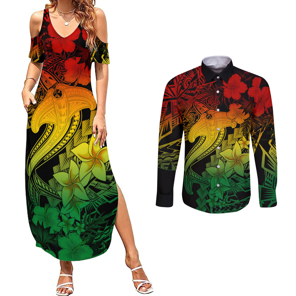 Aloha Hawaii Couples Matching Summer Maxi Dress and Long Sleeve Button Shirts Hammerhead Shark Tattoo Polynesian Summer - Reggae LT9 - Wonder Print Shop