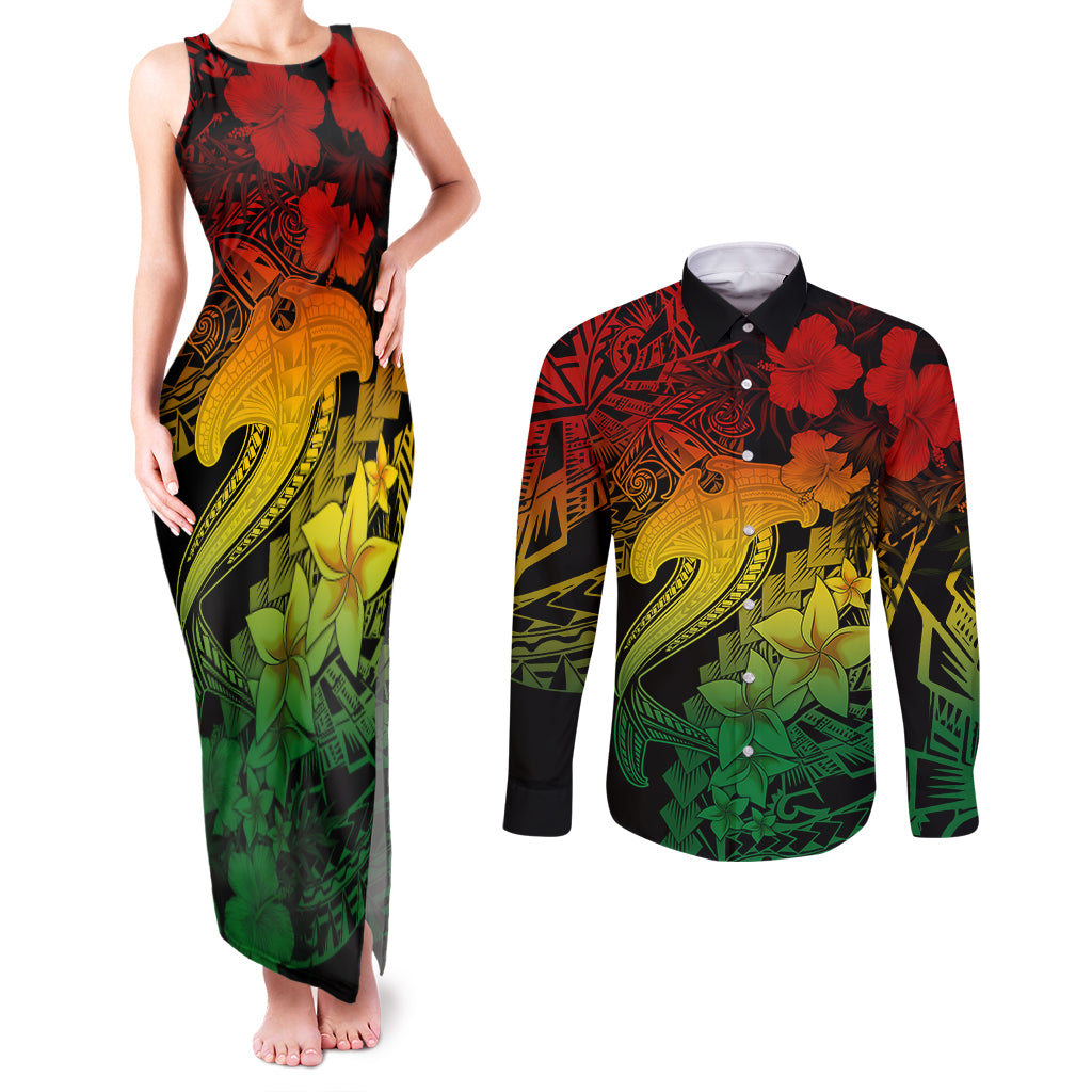 Aloha Hawaii Couples Matching Tank Maxi Dress and Long Sleeve Button Shirts Hammerhead Shark Tattoo Polynesian Summer - Reggae LT9 - Wonder Print Shop