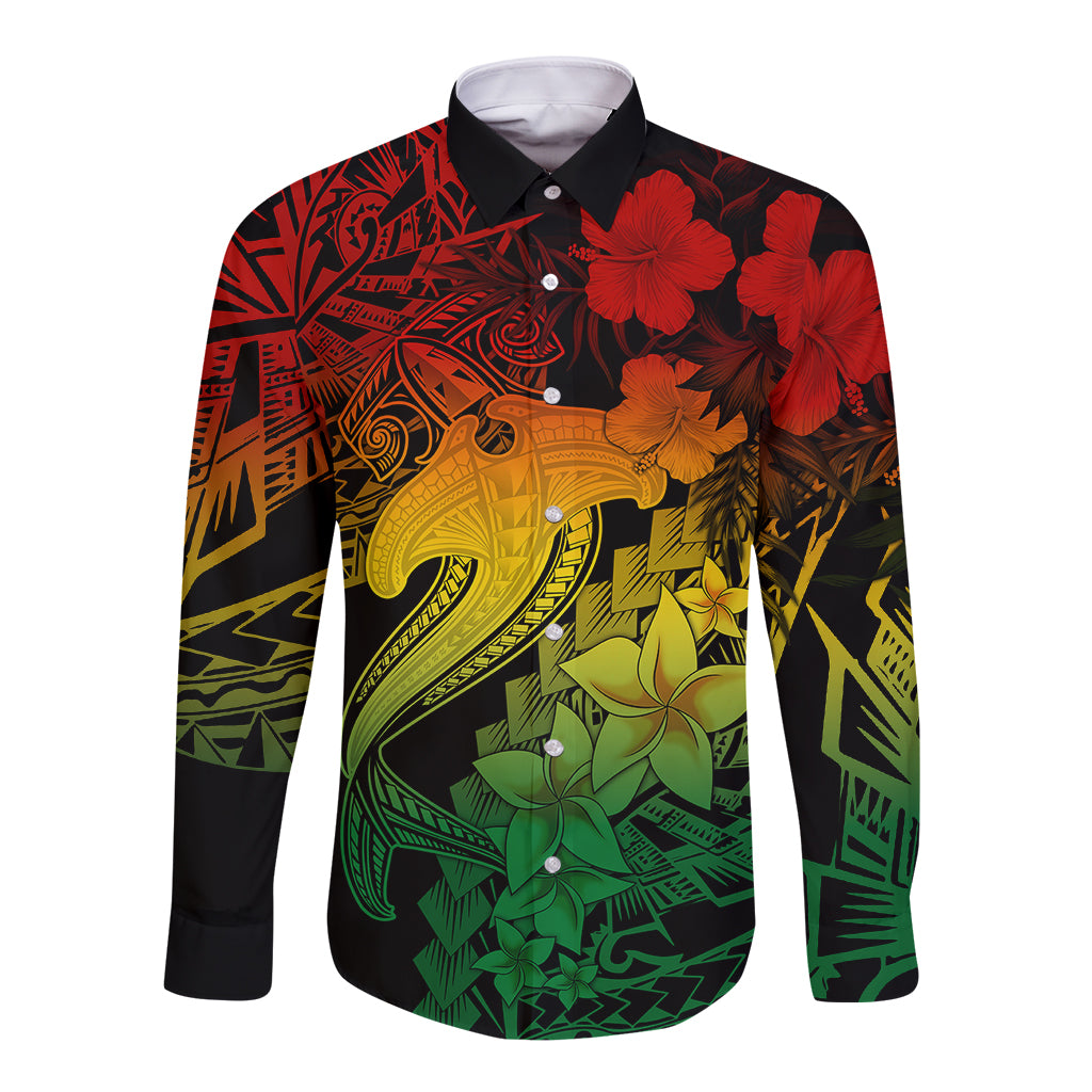 Aloha Hawaii Long Sleeve Button Shirt Hammerhead Shark Tattoo Polynesian Summer - Reggae - Wonder Print Shop