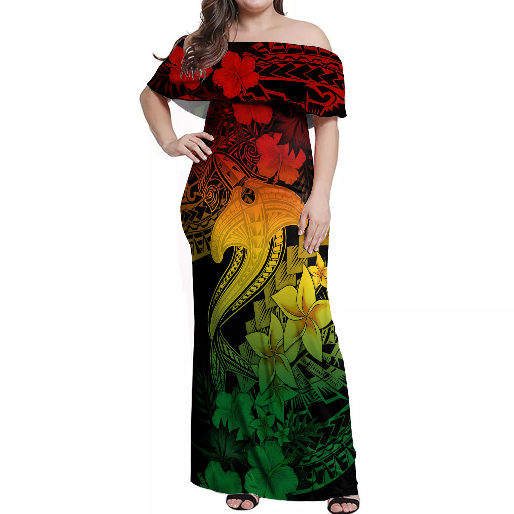 Aloha Hawaii Off Shoulder Maxi Dress Hammerhead Shark Tattoo Polynesian Summer - Reggae - Wonder Print Shop