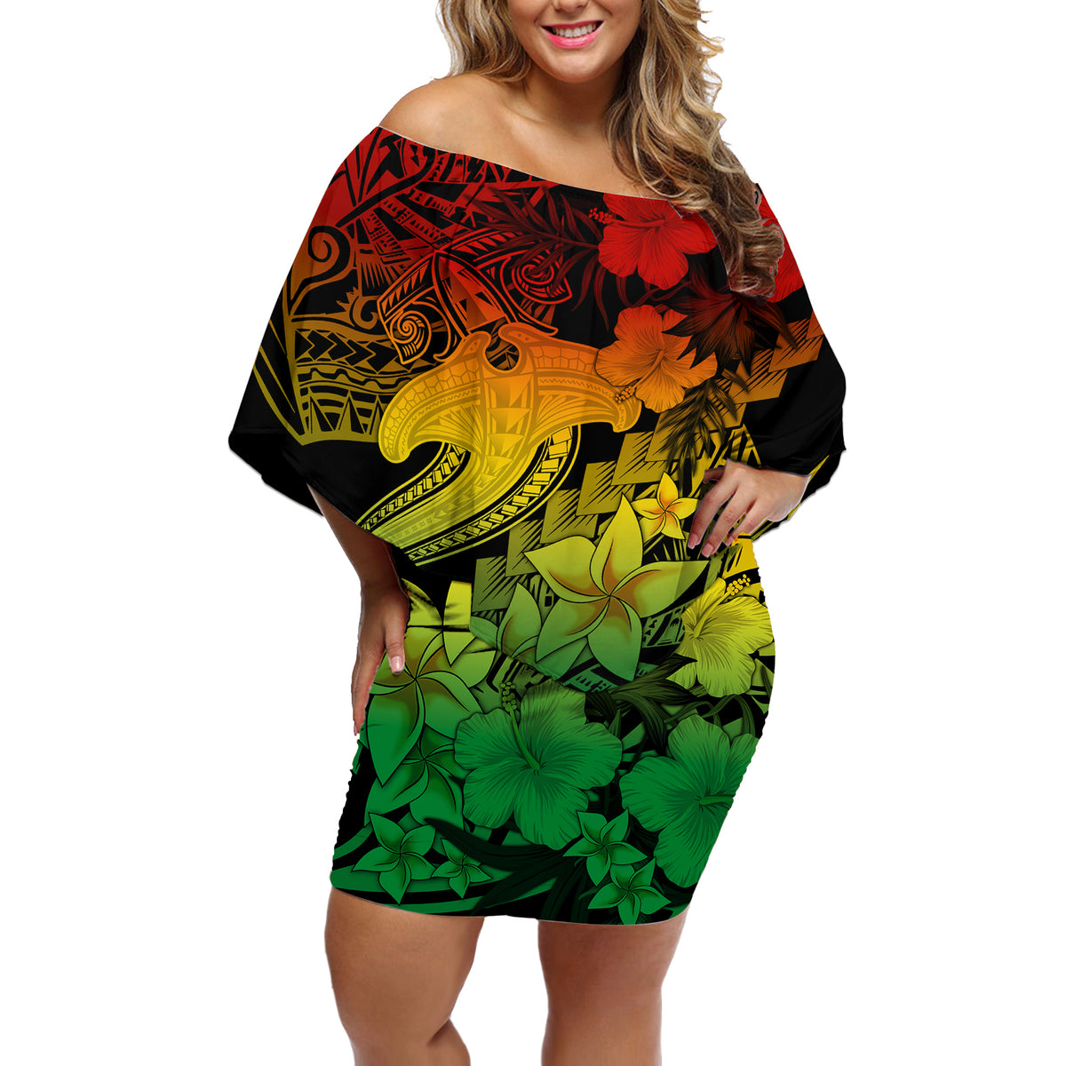 Aloha Hawaii Off Shoulder Short Dress Hammerhead Shark Tattoo Polynesian Summer - Reggae - Wonder Print Shop