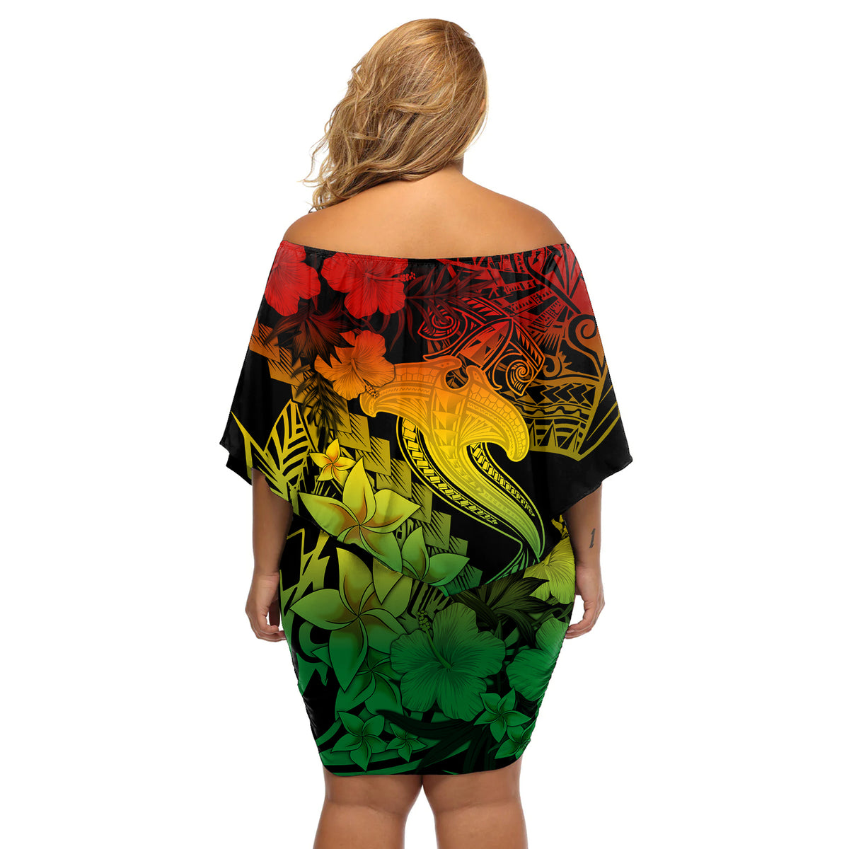 Aloha Hawaii Off Shoulder Short Dress Hammerhead Shark Tattoo Polynesian Summer - Reggae - Wonder Print Shop