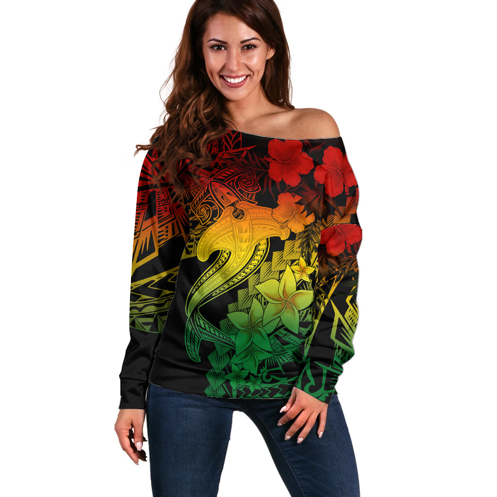 Aloha Hawaii Off Shoulder Sweater Hammerhead Shark Tattoo Polynesian Summer - Reggae - Wonder Print Shop