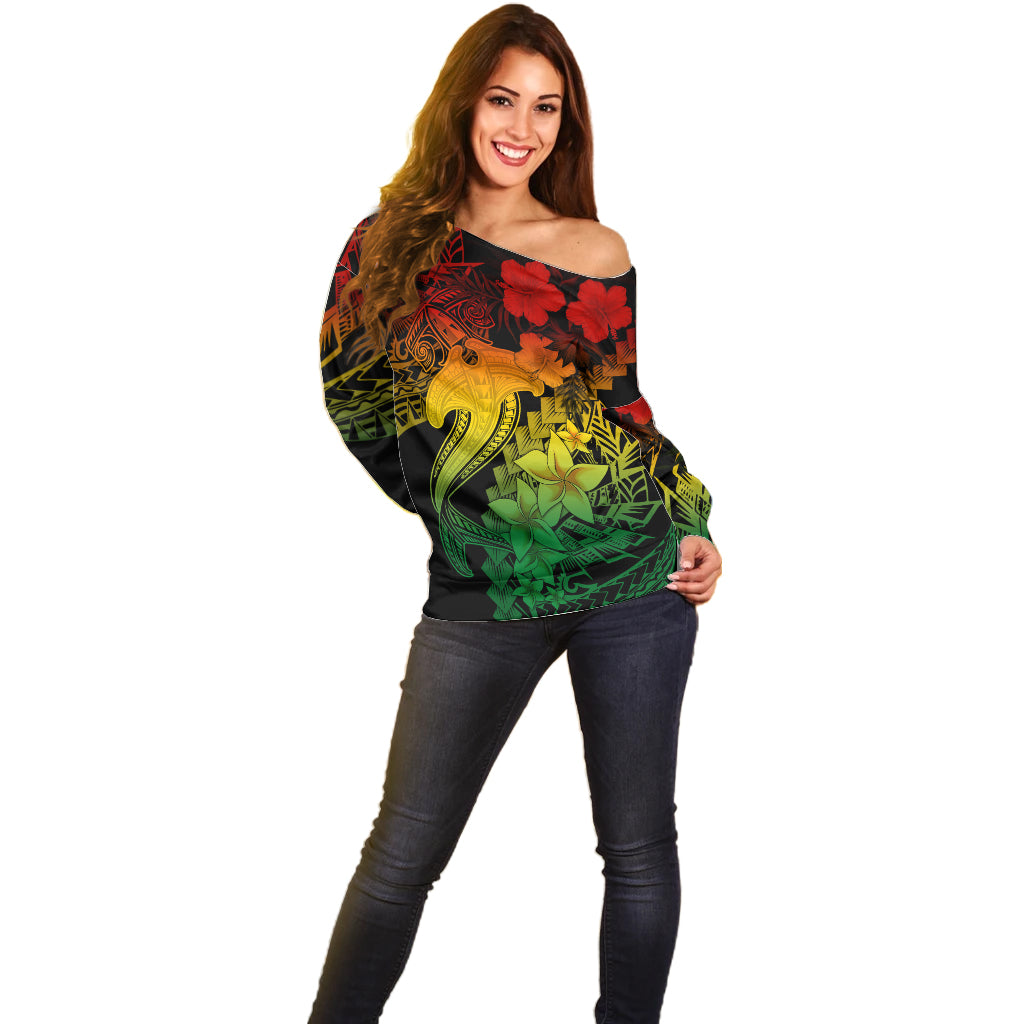 Aloha Hawaii Off Shoulder Sweater Hammerhead Shark Tattoo Polynesian Summer - Reggae - Wonder Print Shop