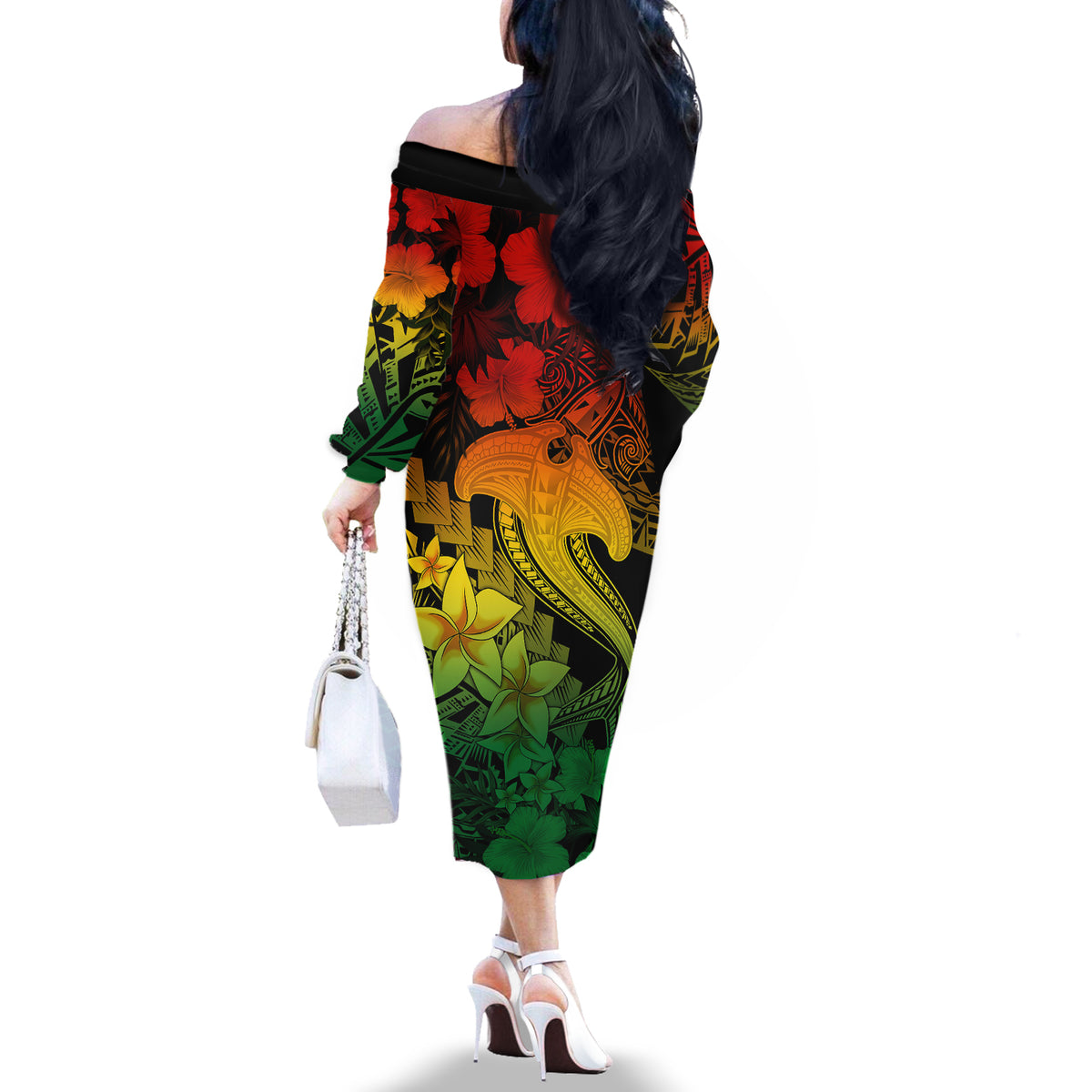 Aloha Hawaii Off The Shoulder Long Sleeve Dress Hammerhead Shark Tattoo Polynesian Summer - Reggae - Wonder Print Shop