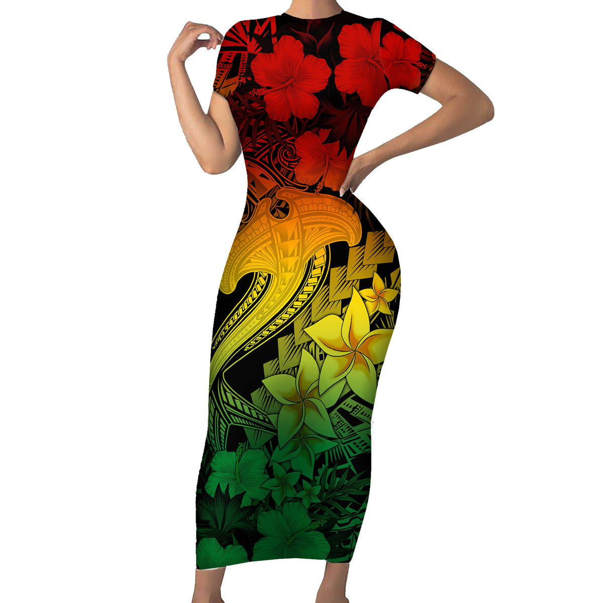 Aloha Hawaii Short Sleeve Bodycon Dress Hammerhead Shark Tattoo Polynesian Summer - Reggae - Wonder Print Shop