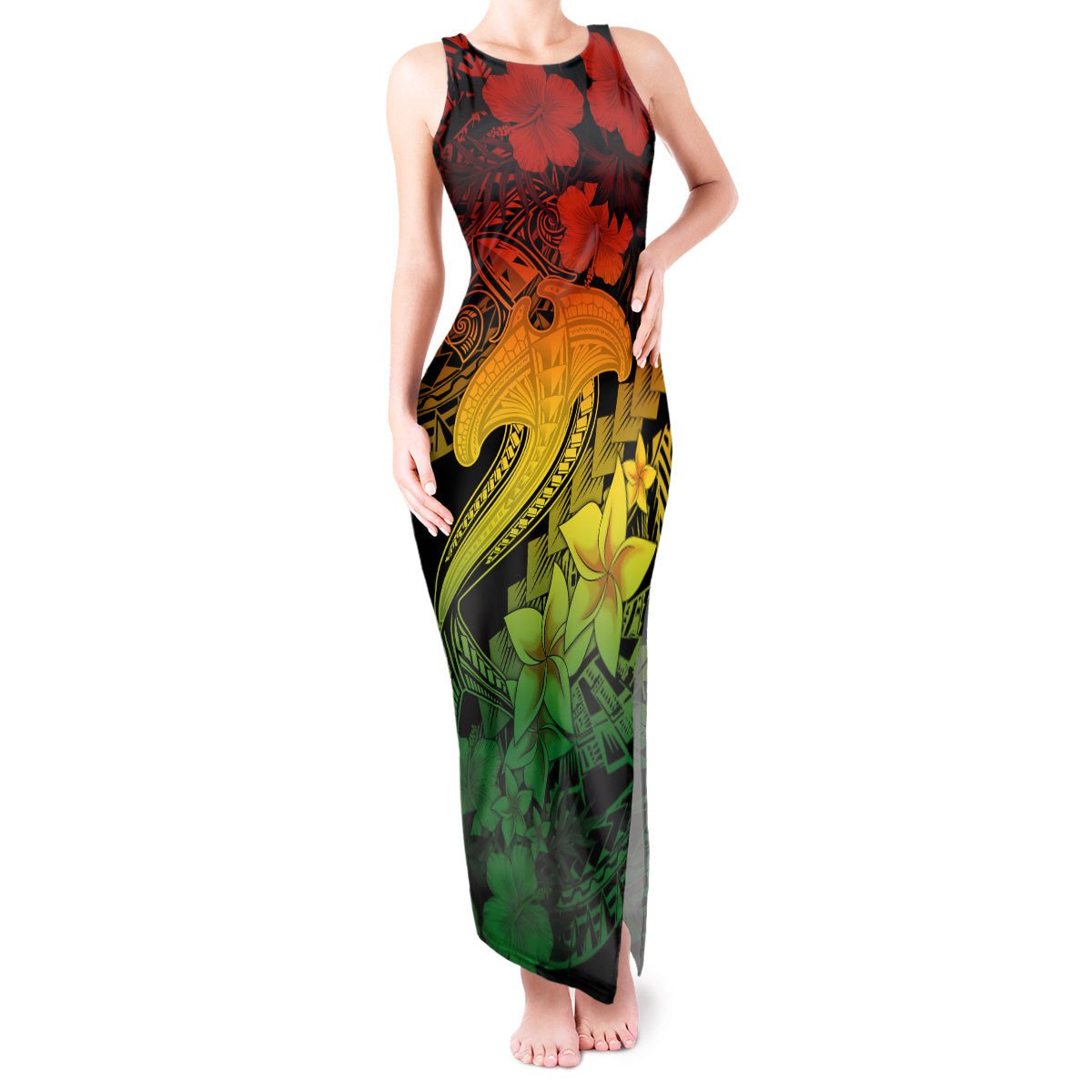 Aloha Hawaii Tank Maxi Dress Hammerhead Shark Tattoo Polynesian Summer - Reggae - Wonder Print Shop