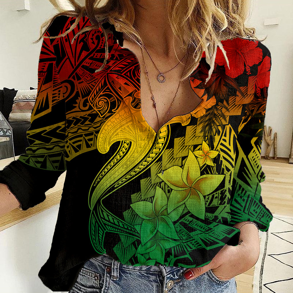 Aloha Hawaii Women Casual Shirt Hammerhead Shark Tattoo Polynesian Summer - Reggae - Wonder Print Shop