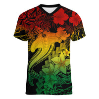 Aloha Hawaii Women V Neck T Shirt Hammerhead Shark Tattoo Polynesian Summer - Reggae - Wonder Print Shop