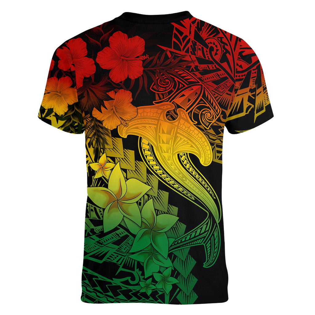 Aloha Hawaii Women V Neck T Shirt Hammerhead Shark Tattoo Polynesian Summer - Reggae - Wonder Print Shop