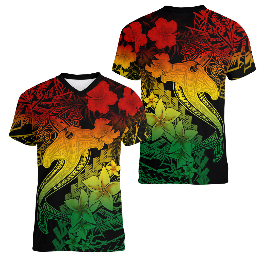 Aloha Hawaii Women V Neck T Shirt Hammerhead Shark Tattoo Polynesian Summer - Reggae - Wonder Print Shop