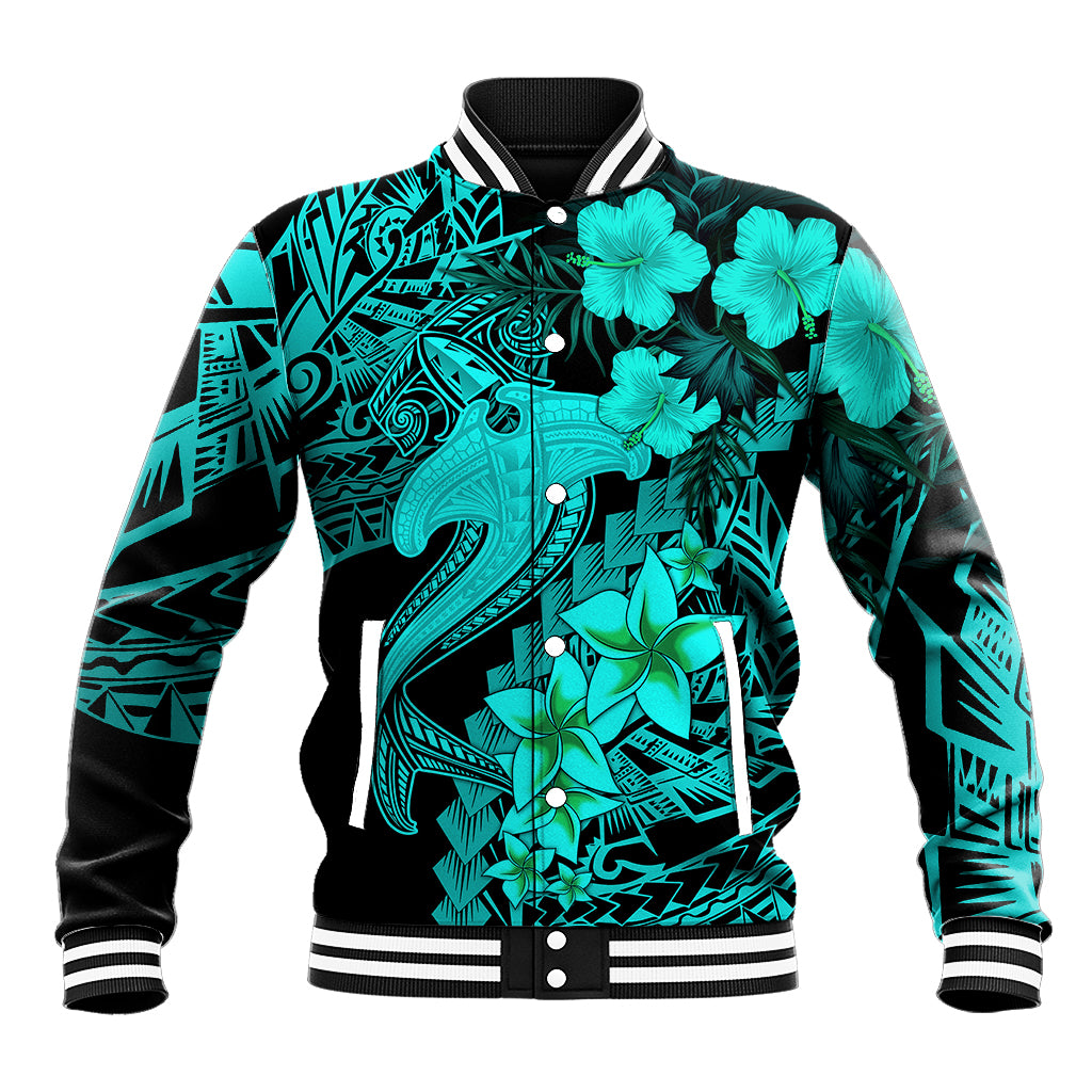 Aloha Hawaii Baseball Jacket Hammerhead Shark Tattoo Polynesian Summer - Turquoise LT9 - Wonder Print Shop