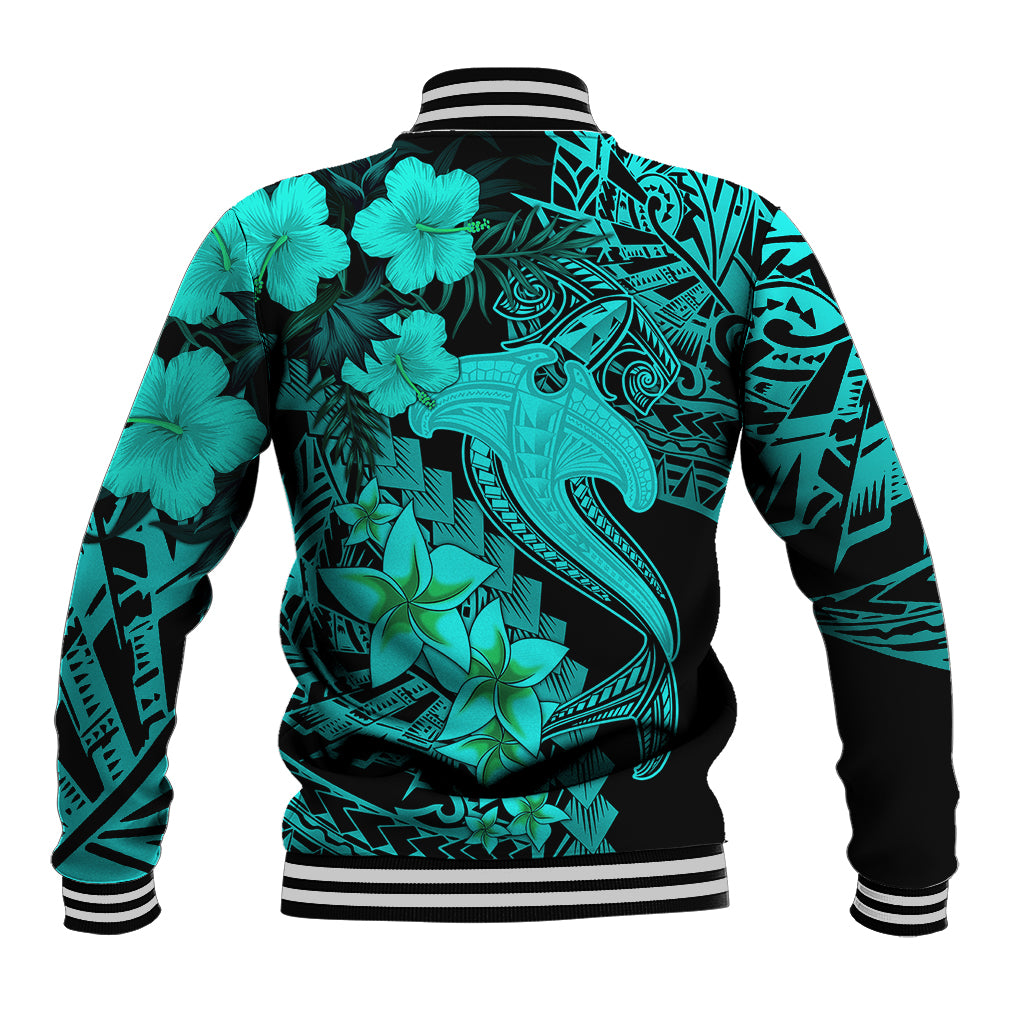 Aloha Hawaii Baseball Jacket Hammerhead Shark Tattoo Polynesian Summer - Turquoise LT9 - Wonder Print Shop