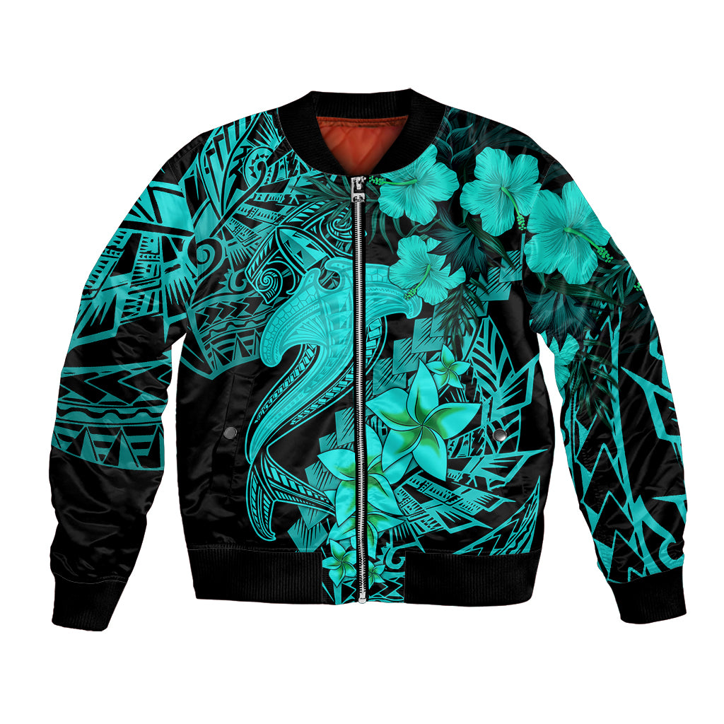 Aloha Hawaii Bomber Jacket Hammerhead Shark Tattoo Polynesian Summer - Turquoise LT9 - Wonder Print Shop