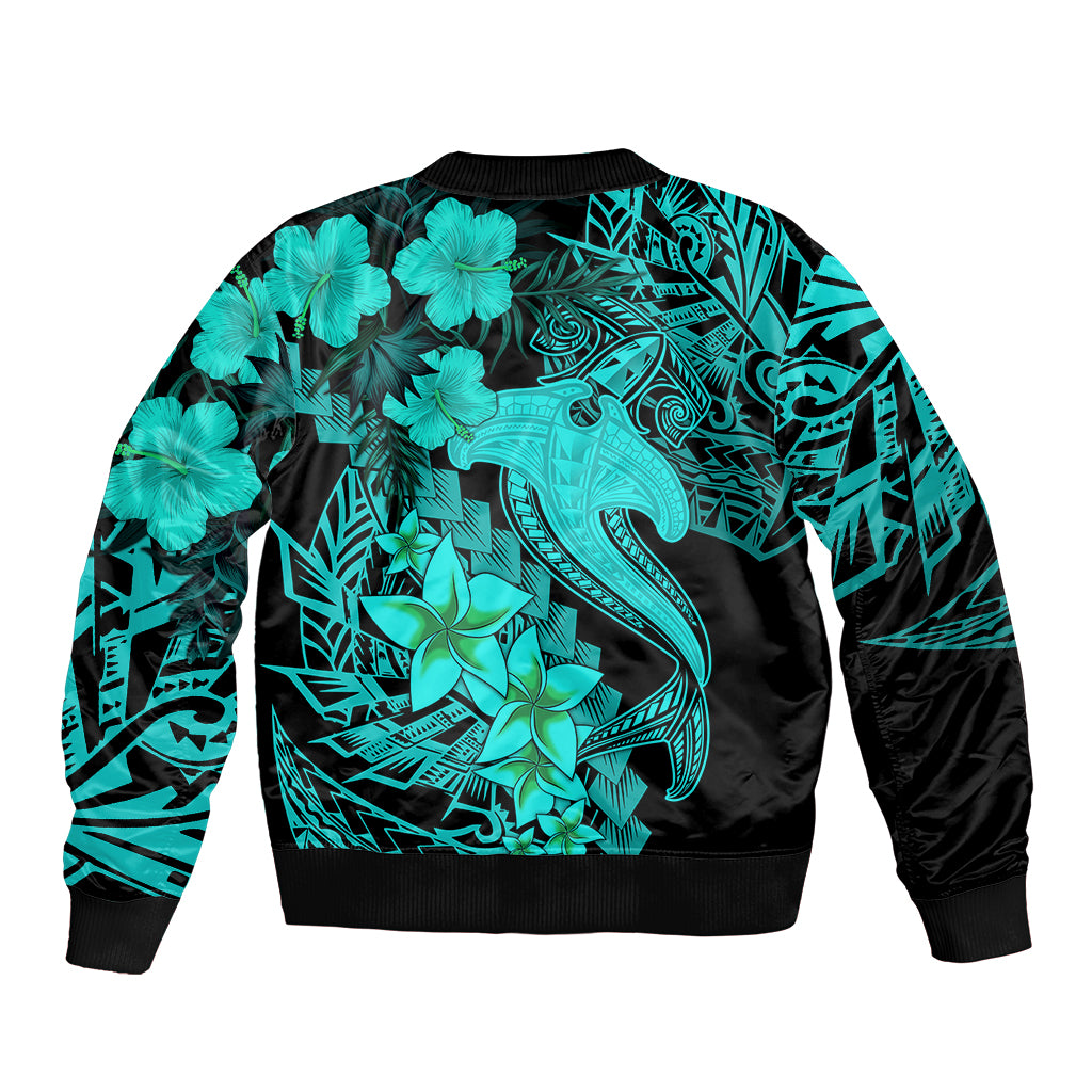 Aloha Hawaii Bomber Jacket Hammerhead Shark Tattoo Polynesian Summer - Turquoise LT9 - Wonder Print Shop