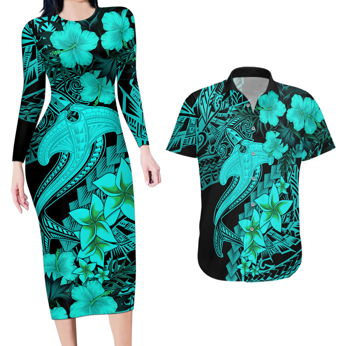 Aloha Hawaii Couples Matching Long Sleeve Bodycon Dress and Hawaiian Shirt Hammerhead Shark Tattoo Polynesian Summer - Turquoise LT9 - Wonder Print Shop