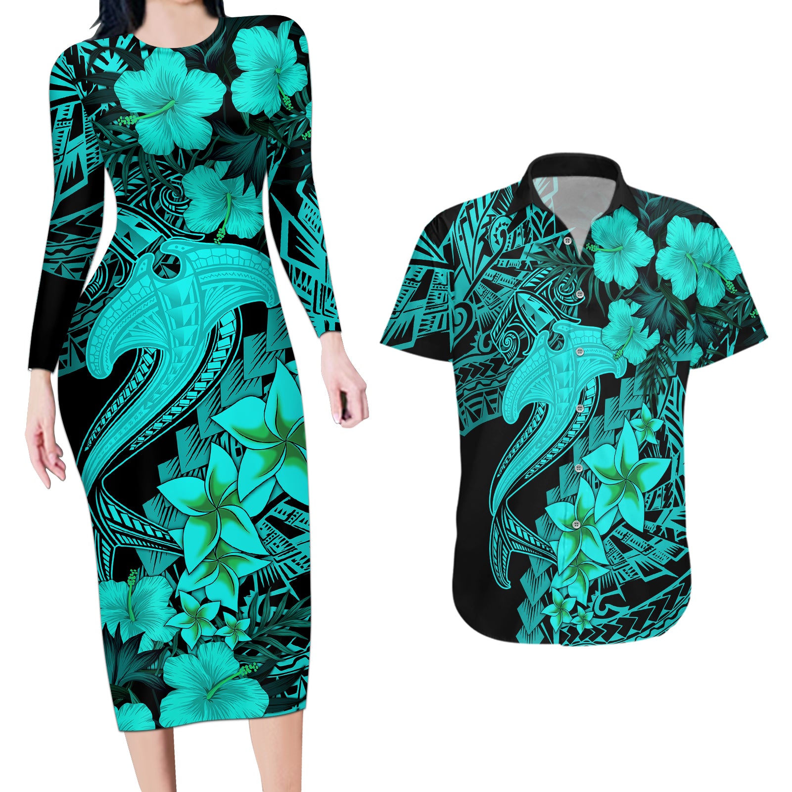 Aloha Hawaii Couples Matching Long Sleeve Bodycon Dress and Hawaiian Shirt Hammerhead Shark Tattoo Polynesian Summer - Turquoise LT9 - Wonder Print Shop