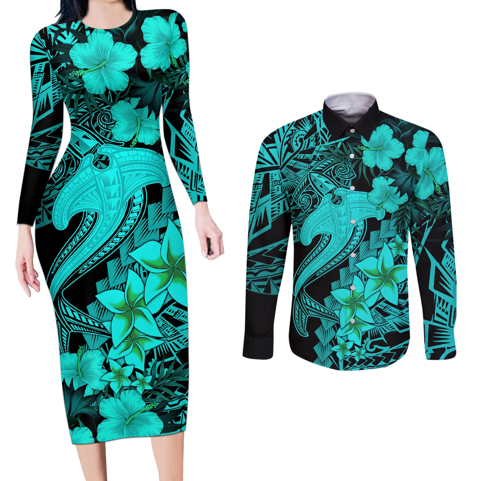 Aloha Hawaii Couples Matching Long Sleeve Bodycon Dress and Long Sleeve Button Shirts Hammerhead Shark Tattoo Polynesian Summer - Turquoise LT9 - Wonder Print Shop