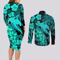 Aloha Hawaii Couples Matching Long Sleeve Bodycon Dress and Long Sleeve Button Shirts Hammerhead Shark Tattoo Polynesian Summer - Turquoise LT9 - Wonder Print Shop