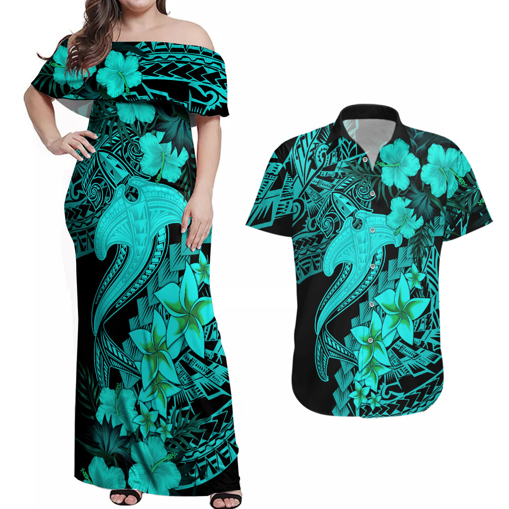 Aloha Hawaii Couples Matching Off Shoulder Maxi Dress and Hawaiian Shirt Hammerhead Shark Tattoo Polynesian Summer - Turquoise LT9 - Wonder Print Shop