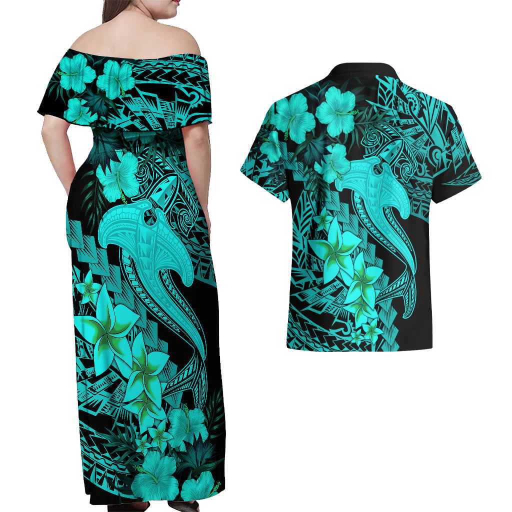 Aloha Hawaii Couples Matching Off Shoulder Maxi Dress and Hawaiian Shirt Hammerhead Shark Tattoo Polynesian Summer - Turquoise LT9 - Wonder Print Shop